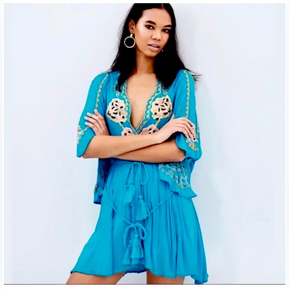 NWT Free People Cora Embroidered Mini Dress in Turquoise Size Large - Picture 7 of 16
